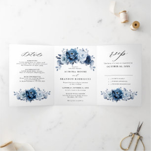 Dusty Blue Slate Navy Floral Botanical Wedding Drieluik Aankondiging