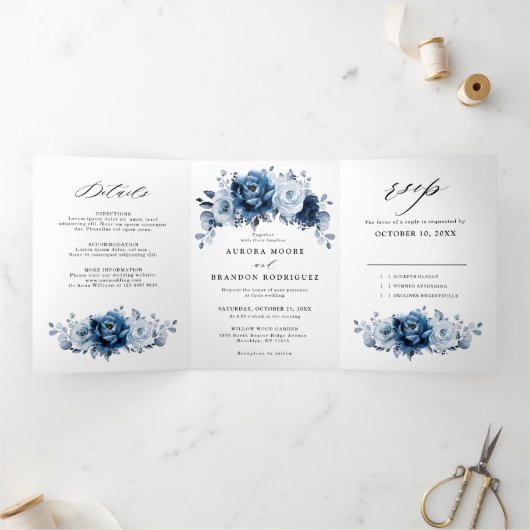 Dusty Blue Slate Navy Floral Botanical Wedding Drieluik Aankondiging (Binnen)