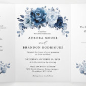 Dusty Blue Slate Navy Floral Botanical Wedding Drieluik Aankondiging (Binnenkant midden)