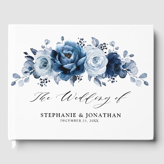 Dusty Blue Slate Navy Floral Botanical Wedding Gastenboek (Voorkant)