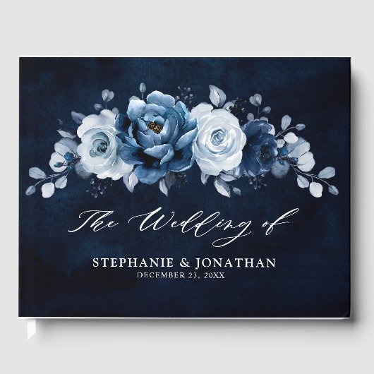 Dusty Blue Slate Navy Floral Botanical Wedding Gue Gastenboek (Voorkant)