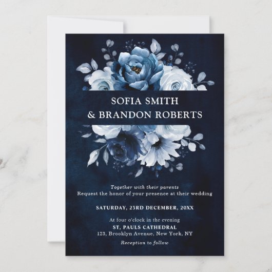 Dusty Blue Slate Navy Floral Botanical Wedding Inv Kaart (Voorkant)