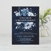Dusty Blue Slate Navy Floral Botanical Wedding Inv Kaart (Staand voorkant)
