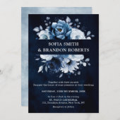 Dusty Blue Slate Navy Floral Botanical Wedding Inv Kaart (Voorkant / Achterkant)