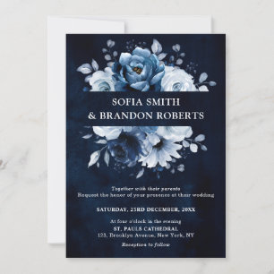 Dusty Blue Slate Navy Floral Botanical Wedding Inv Kaart
