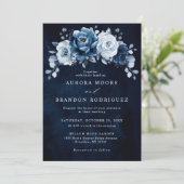 Dusty Blue Slate Navy Floral Botanical Wedding Inv Kaart (Staand voorkant)