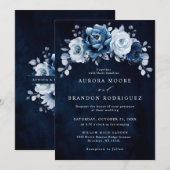 Dusty Blue Slate Navy Floral Botanical Wedding Inv Kaart (Voorkant / Achterkant)