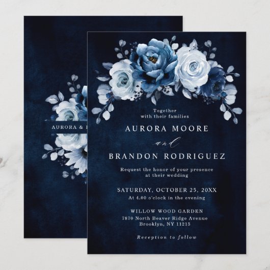 Dusty Blue Slate Navy Floral Botanical Wedding Inv Kaart (Voorkant / Achterkant)