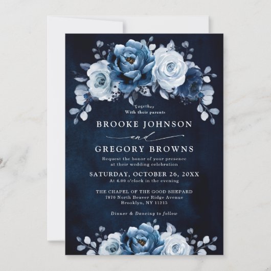 Dusty Blue Slate Navy Floral Botanical Wedding Inv Kaart (Voorkant)