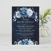 Dusty Blue Slate Navy Floral Botanical Wedding Inv Kaart (Staand voorkant)