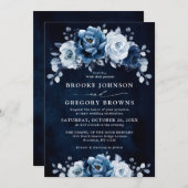 Dusty Blue Slate Navy Floral Botanical Wedding Inv Kaart (Voorkant / Achterkant)
