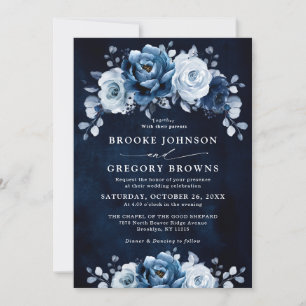 Dusty Blue Slate Navy Floral Botanical Wedding Inv Kaart