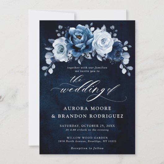Dusty Blue Slate Navy Floral Botanical Wedding Inv Kaart (Voorkant)