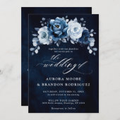 Dusty Blue Slate Navy Floral Botanical Wedding Inv Kaart (Voorkant / Achterkant)