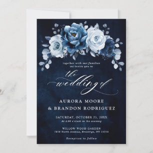 Dusty Blue Slate Navy Floral Botanical Wedding Inv Kaart