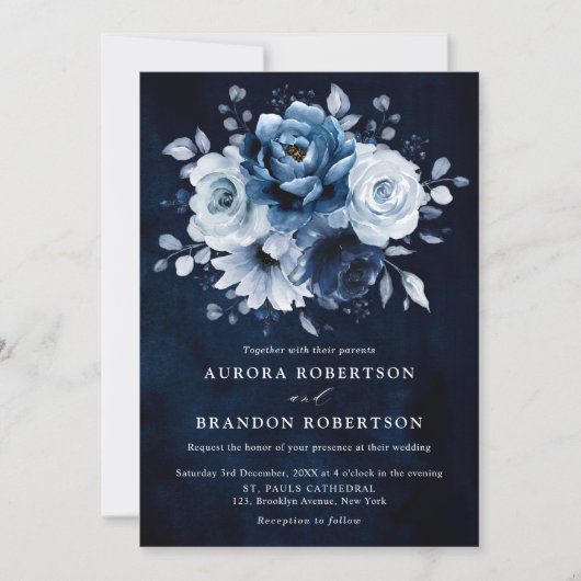 Dusty Blue Slate Navy Floral Botanical Wedding Inv Kaart (Voorkant)