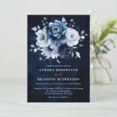 Dusty Blue Slate Navy Floral Botanical Wedding Inv Kaart (Staand voorkant)