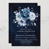 Dusty Blue Slate Navy Floral Botanical Wedding Inv Kaart (Voorkant / Achterkant)