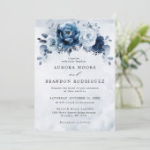Dusty Blue Slate Navy Floral Botanical Wedding Inv Kaart (Staand voorkant)