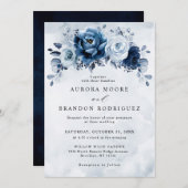 Dusty Blue Slate Navy Floral Botanical Wedding Inv Kaart (Voorkant / Achterkant)