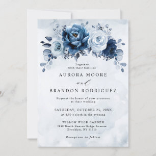 Dusty Blue Slate Navy Floral Botanical Wedding Inv Kaart