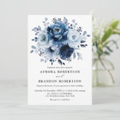 Dusty Blue Slate Navy Floral Botanical Wedding Kaart (Staand voorkant)