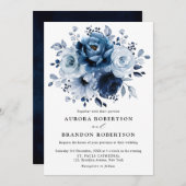 Dusty Blue Slate Navy Floral Botanical Wedding Kaart (Voorkant / Achterkant)