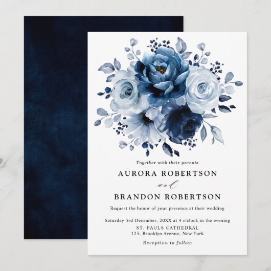 Dusty Blue Slate Navy Floral Botanical Wedding Kaart (Voorkant / Achterkant)