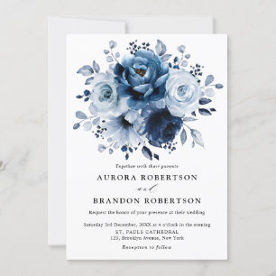 Dusty Blue Slate Navy Floral Botanical Wedding Kaart