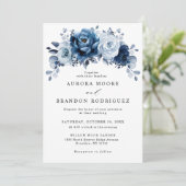 Dusty Blue Slate Navy Floral Botanical Wedding Kaart (Staand voorkant)