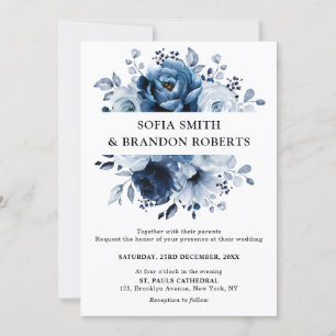 Dusty Blue Slate Navy Floral Botanical Wedding Kaart