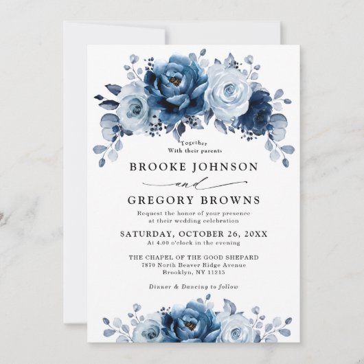Dusty Blue Slate Navy Floral Botanical Wedding Kaart (Voorkant)