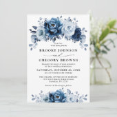 Dusty Blue Slate Navy Floral Botanical Wedding Kaart (Staand voorkant)