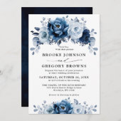 Dusty Blue Slate Navy Floral Botanical Wedding Kaart (Voorkant / Achterkant)