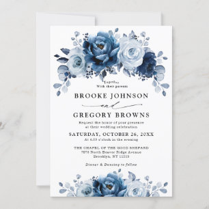 Dusty Blue Slate Navy Floral Botanical Wedding Kaart