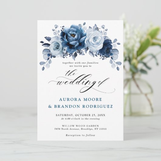 Dusty Blue Slate Navy Floral Botanical Wedding Kaart (Staand voorkant)
