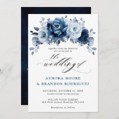 Dusty Blue Slate Navy Floral Botanical Wedding Kaart (Voorkant / Achterkant)