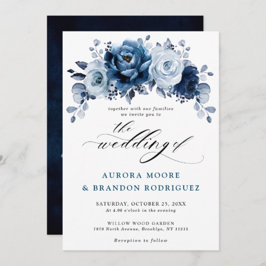Dusty Blue Slate Navy Floral Botanical Wedding Kaart (Voorkant / Achterkant)