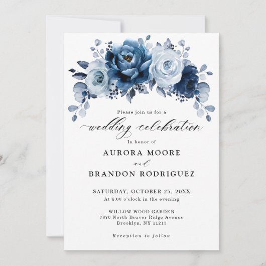 Dusty Blue Slate Navy Floral Botanical Wedding Kaart (Voorkant)