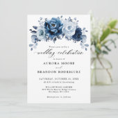 Dusty Blue Slate Navy Floral Botanical Wedding Kaart (Staand voorkant)