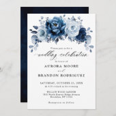 Dusty Blue Slate Navy Floral Botanical Wedding Kaart (Voorkant / Achterkant)
