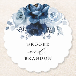 Dusty Blue Slate Navy Floral Botanical Wedding Kartonnen Onderzetters