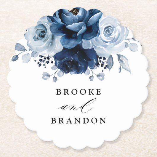 Dusty Blue Slate Navy Floral Botanical Wedding Kartonnen Onderzetters (Voorkant)