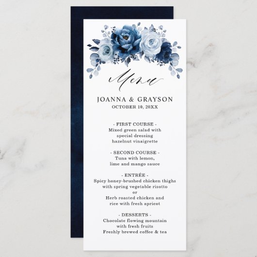 Dusty Blue Slate Navy Floral Botanical Wedding Menu (Voorkant / Achterkant)