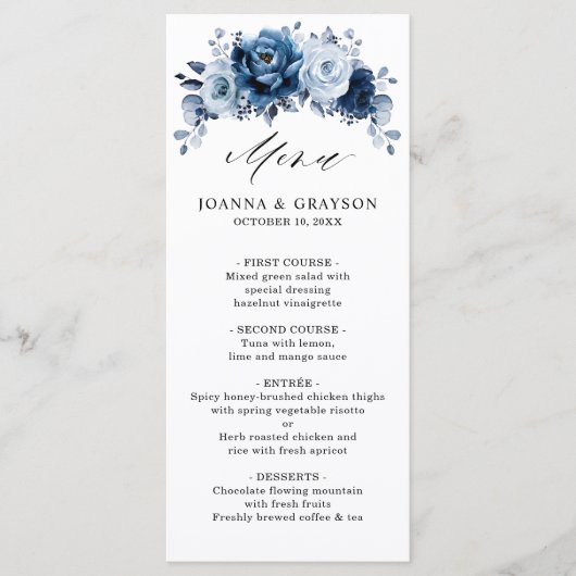 Dusty Blue Slate Navy Floral Botanical Wedding Menu (Voorkant)