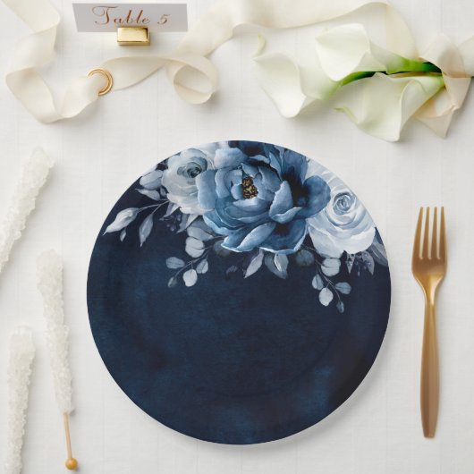 Dusty Blue Slate Navy Floral Botanical Wedding Pap Papieren Bordje (Huwelijk)
