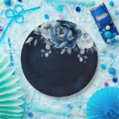 Dusty Blue Slate Navy Floral Botanical Wedding Pap Papieren Bordje (Feest)