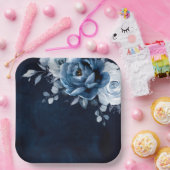 Dusty Blue Slate Navy Floral Botanical Wedding Pap Papieren Bordje (Feest)