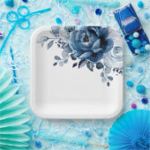 Dusty Blue Slate Navy Floral Botanical Wedding Pap Papieren Bordje (Feest)