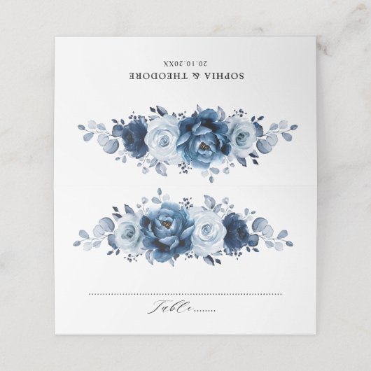 Dusty Blue Slate Navy Floral Botanical Wedding Plaatskaartje (Buitenkant ongevouwen)